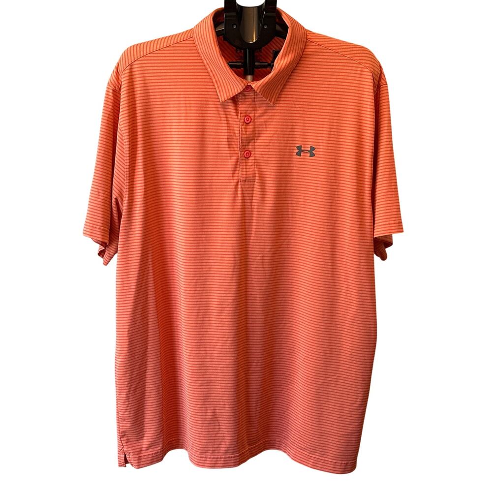 Under Armour HeatGear Polo Shirt Men 2XL‎ Orange Striped Short Sleeve Game Dey